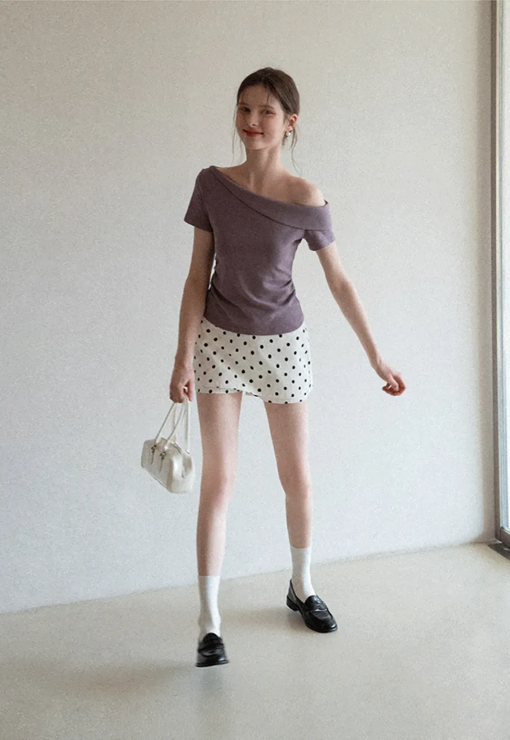 Polka dot off shoulder short sleeve tops