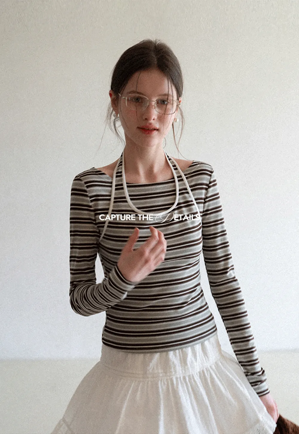 Long sleeve striped top with halter neck detail