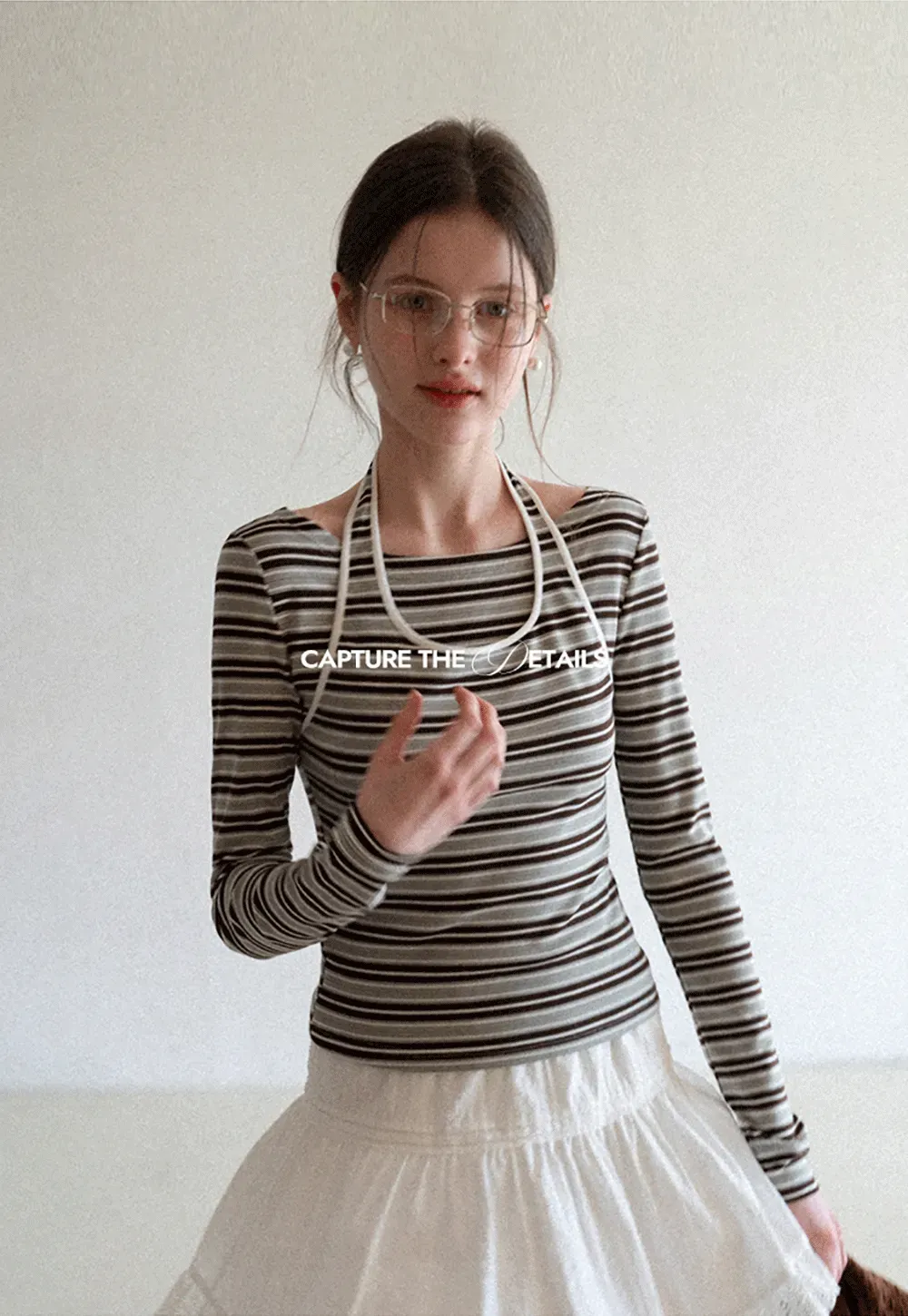 Long sleeve striped top with halter neck detail