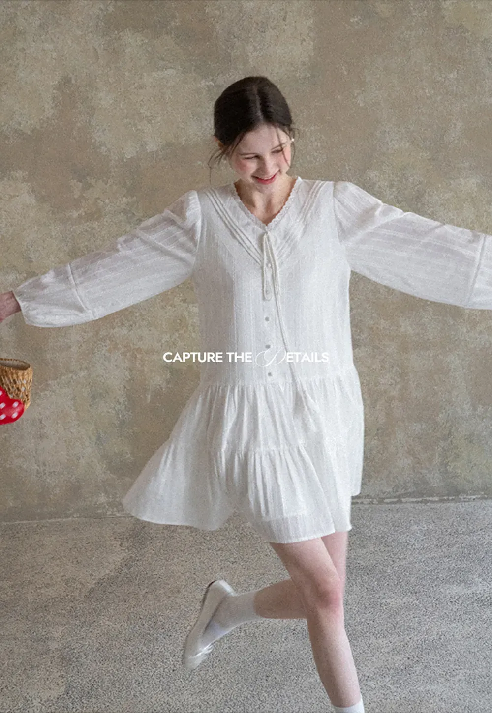 V neck long sleeve tiered dress with lace trim