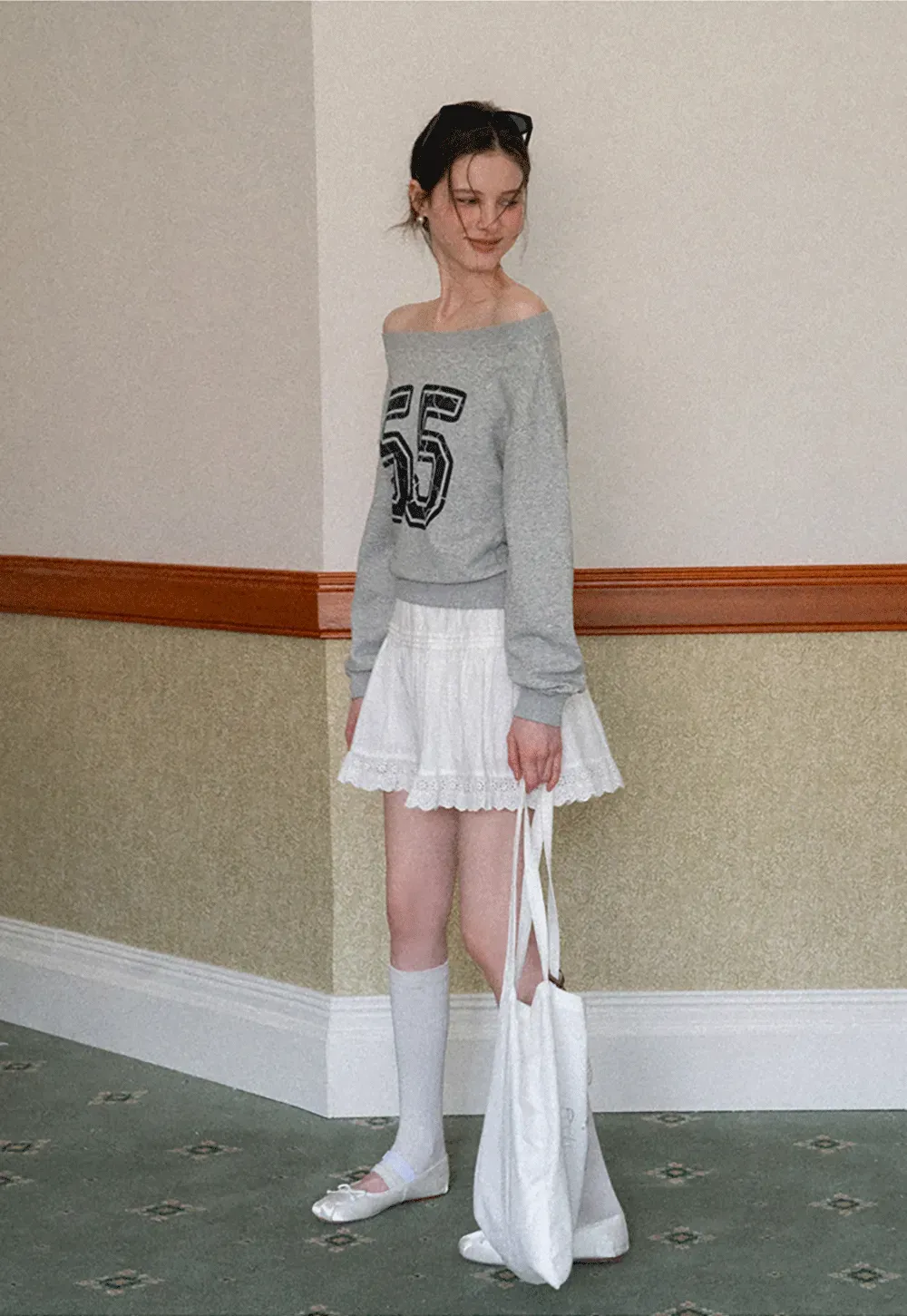 Off Shoulder Sweatshirt with Number Print