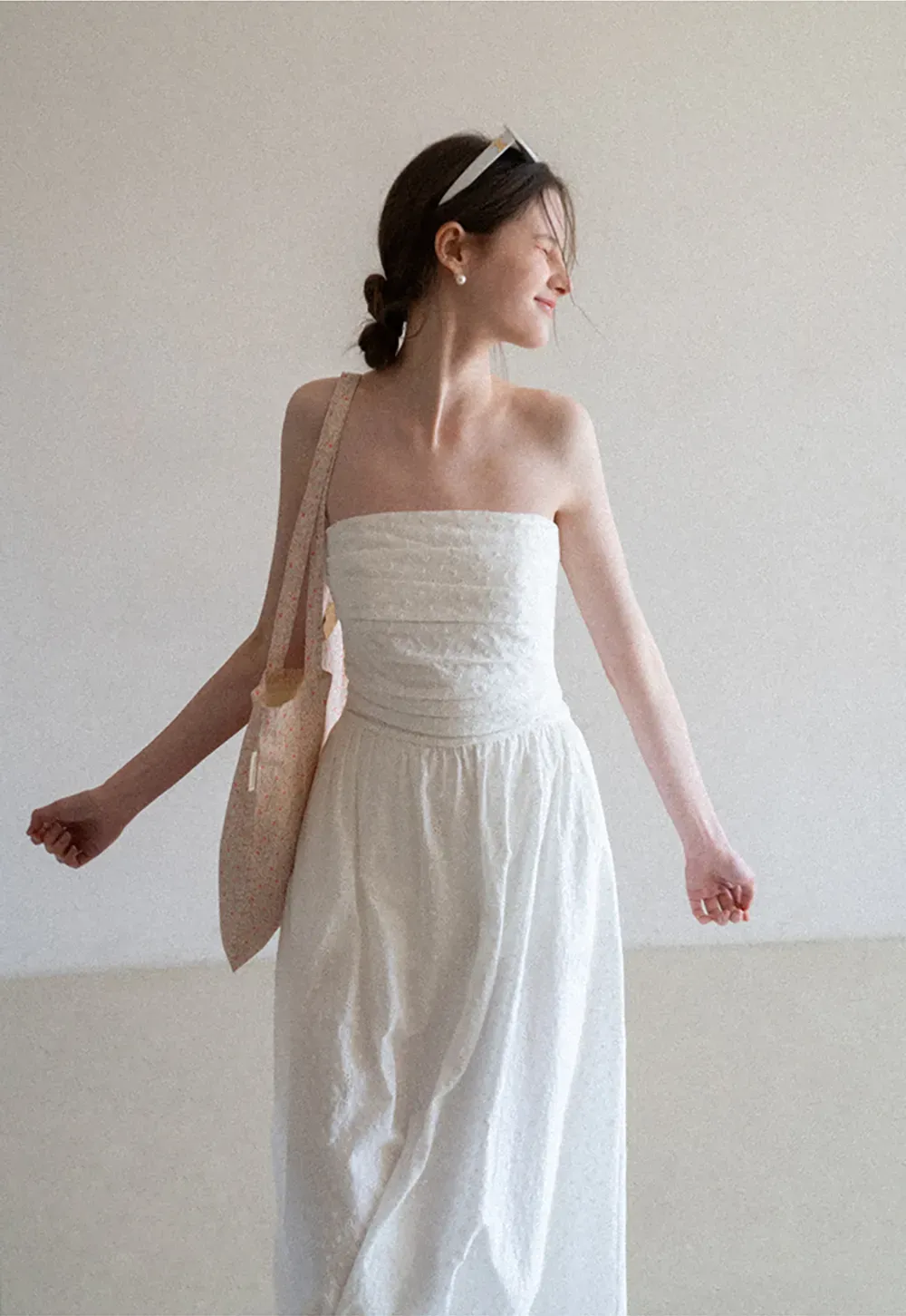 Strapless A-line Midi Dress with Ruched Bodice