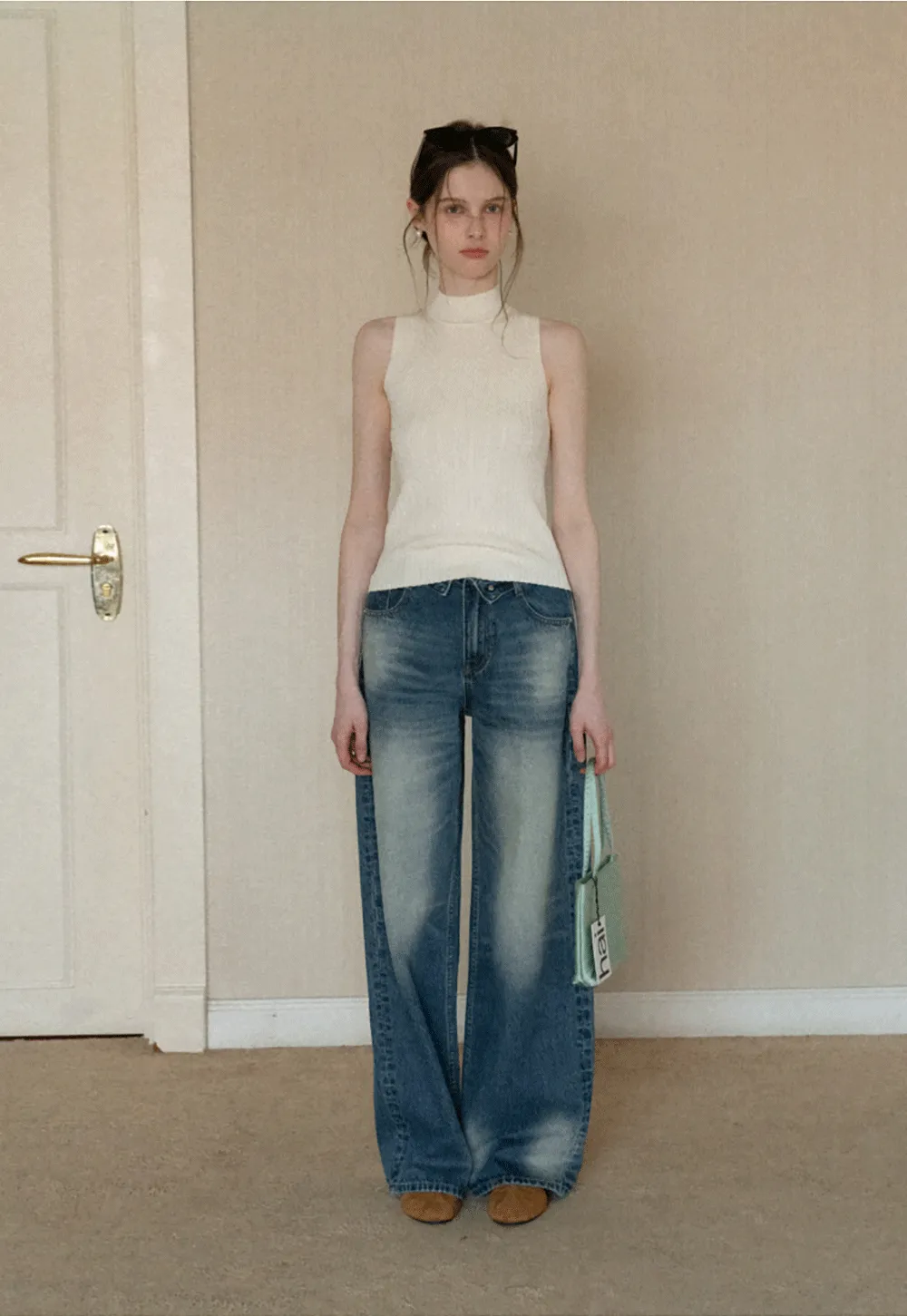 Wide leg high waist denim jeans with faded wash design