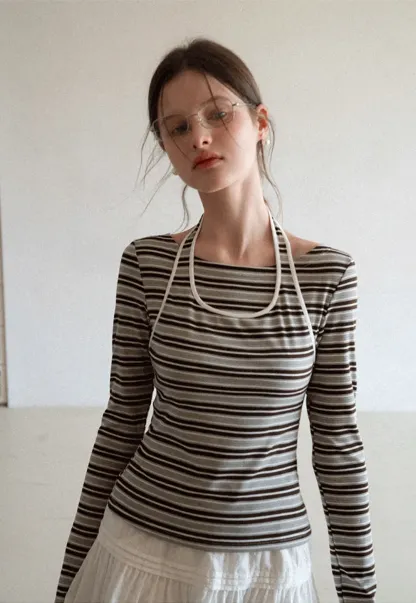 Long sleeve striped top with halter neck detail