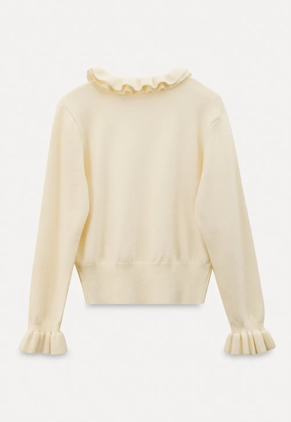 Elegant Ruffle Detail Knit Sweater with Flared Cuffs and Neckline