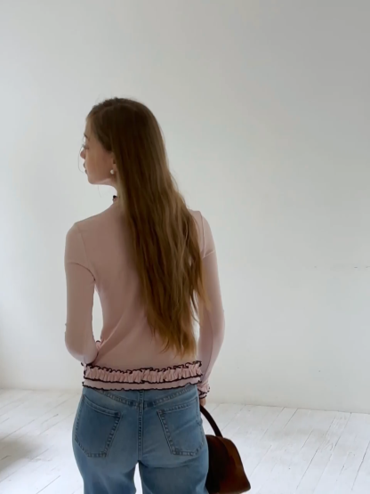 Ruffle Trim Mock Neck Long Sleeve Top