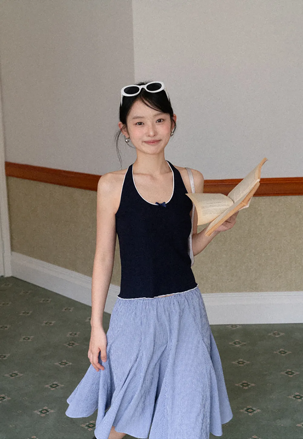 Gingham Pleated Flared Skirt