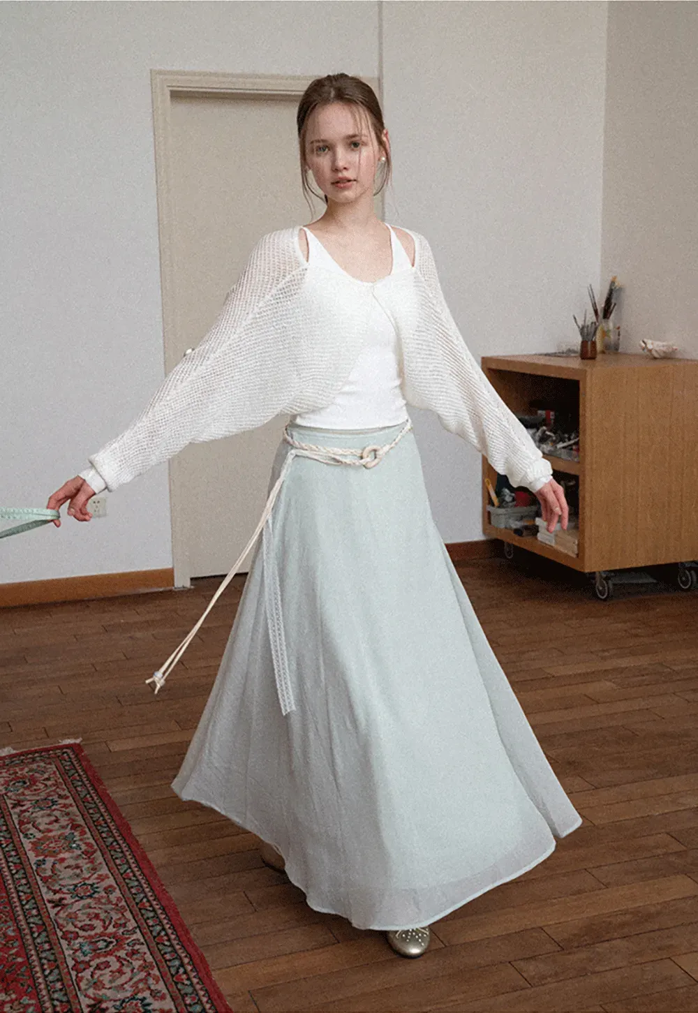 Flowy Maxi Skirt with Lace Trim and Drawstring Waist