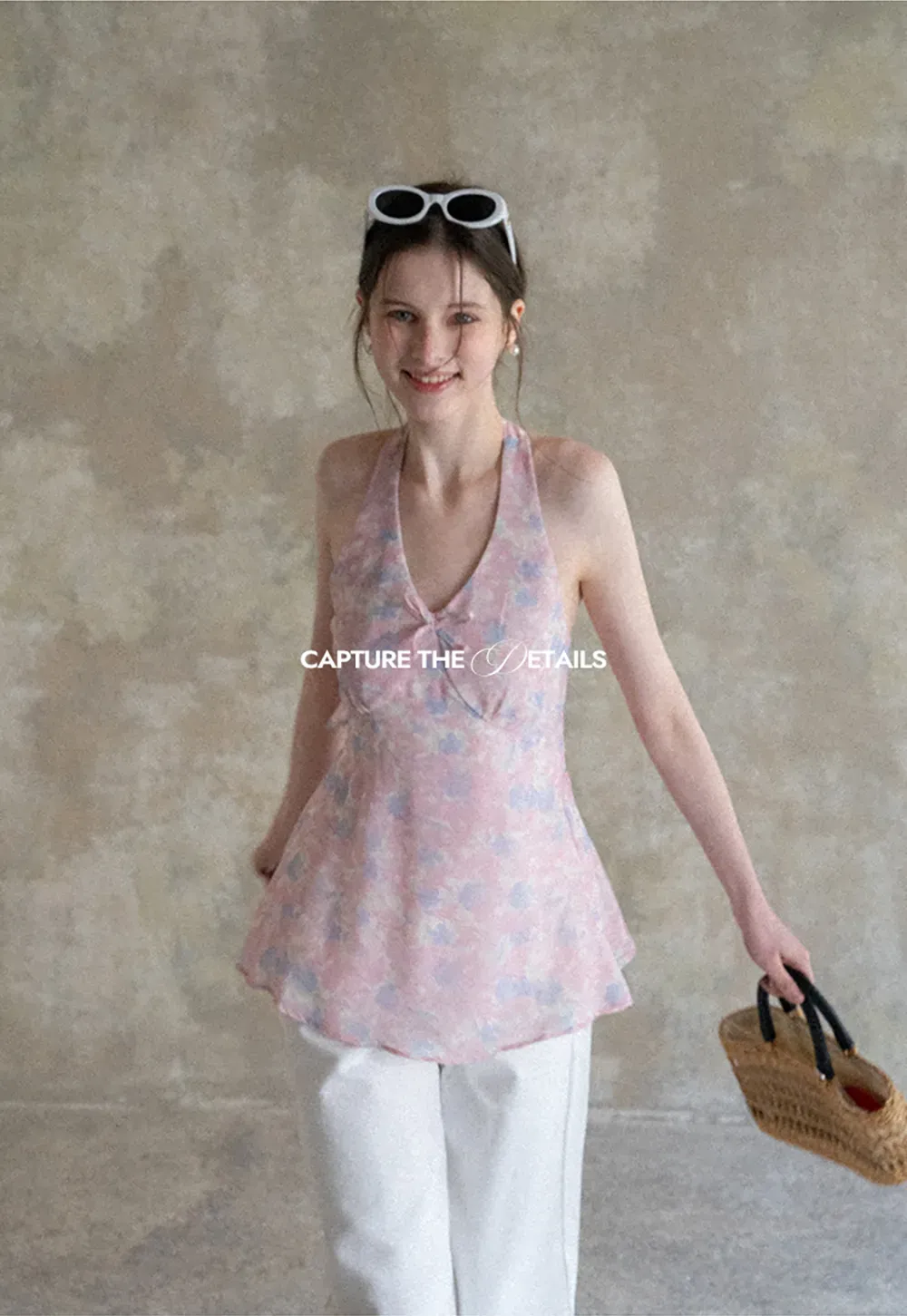 Woolen knit sweater with tie front and floral tank top