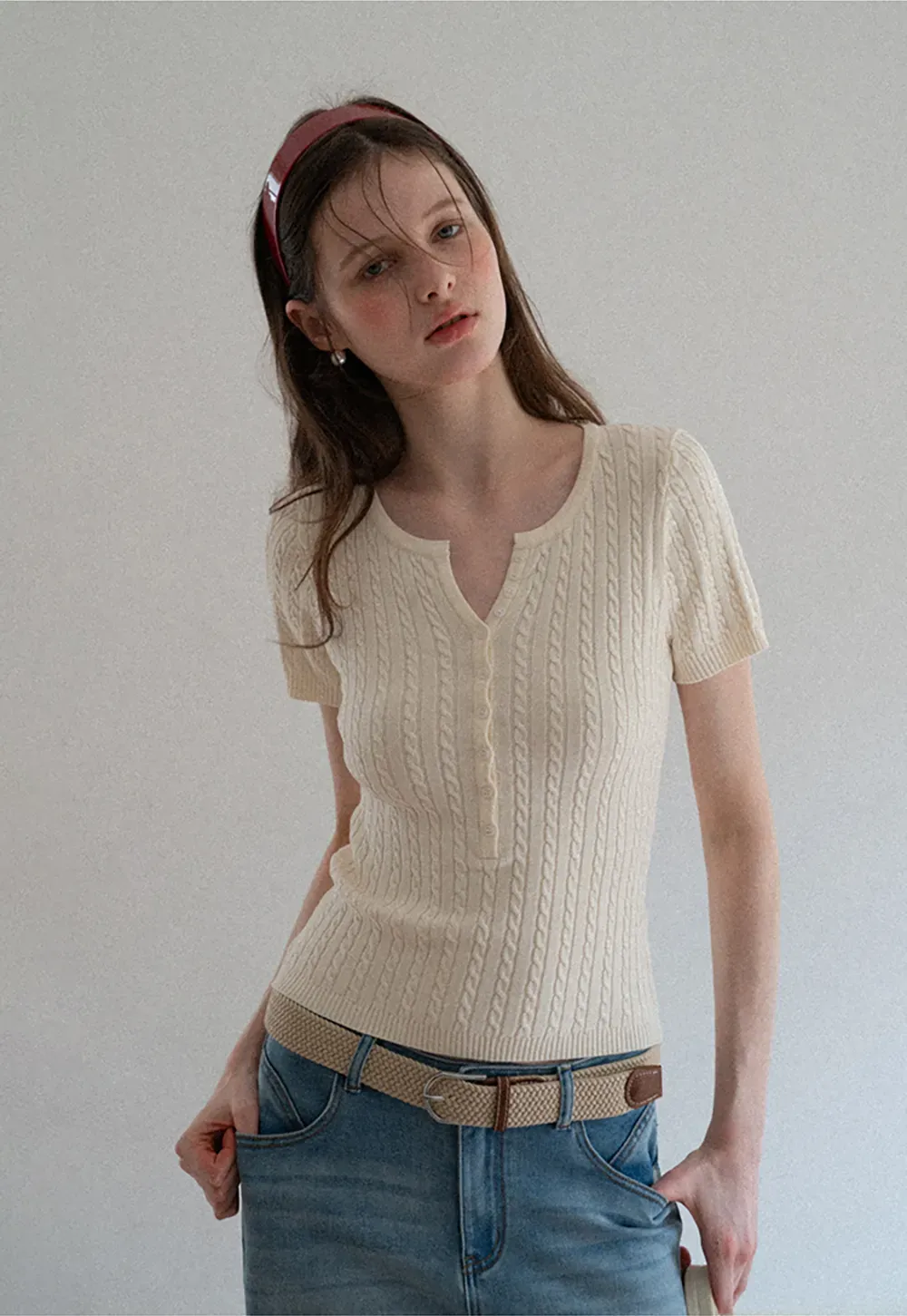 Cable Knit Short Sleeve V Neck Sweater
