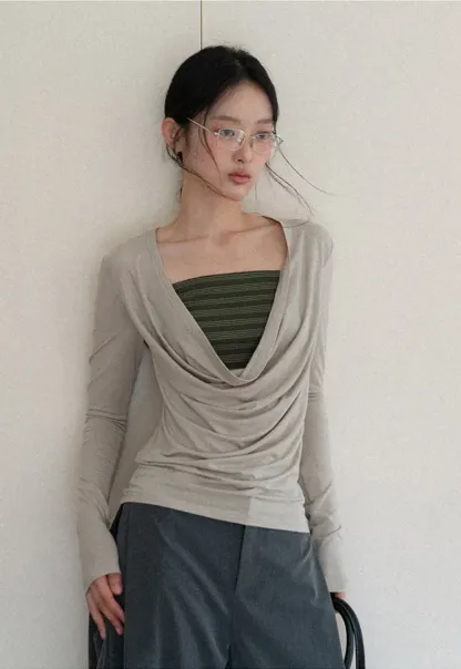 Long sleeve draped neckline top with square cutout