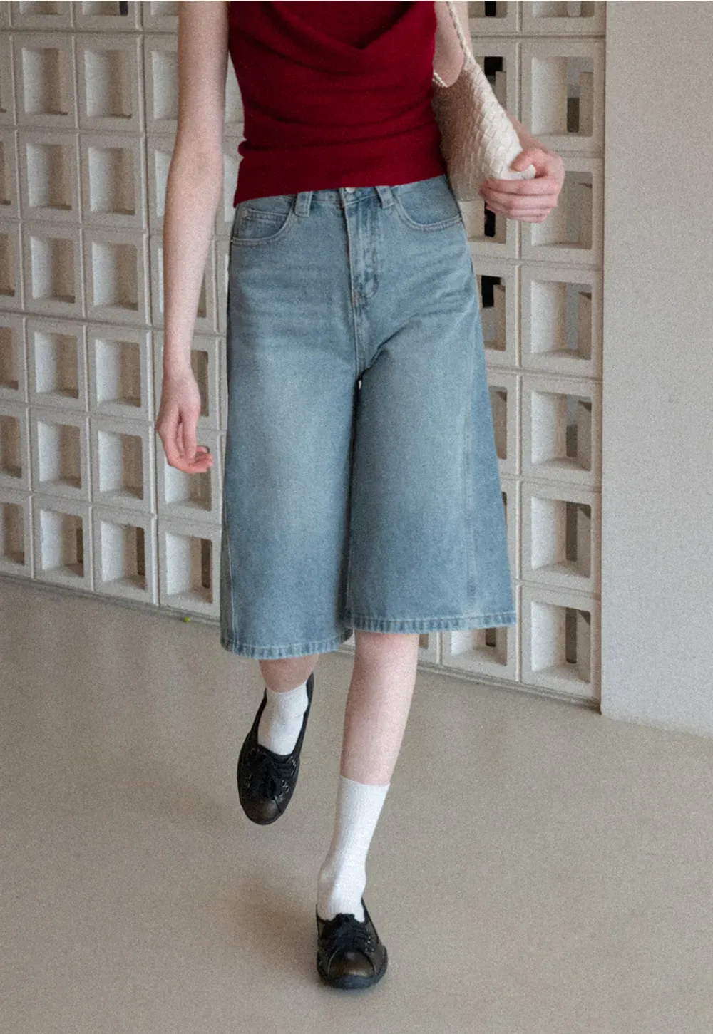 Wide Leg Denim Shorts with Belt and Back Pockets