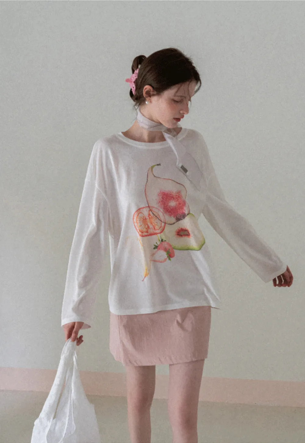 Oversized T shirt with fruit print and sheer neck detail