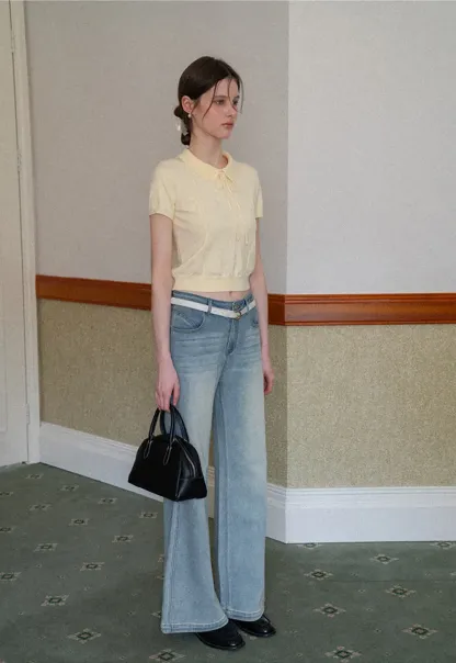 Wide leg flared denim jeans with front pockets