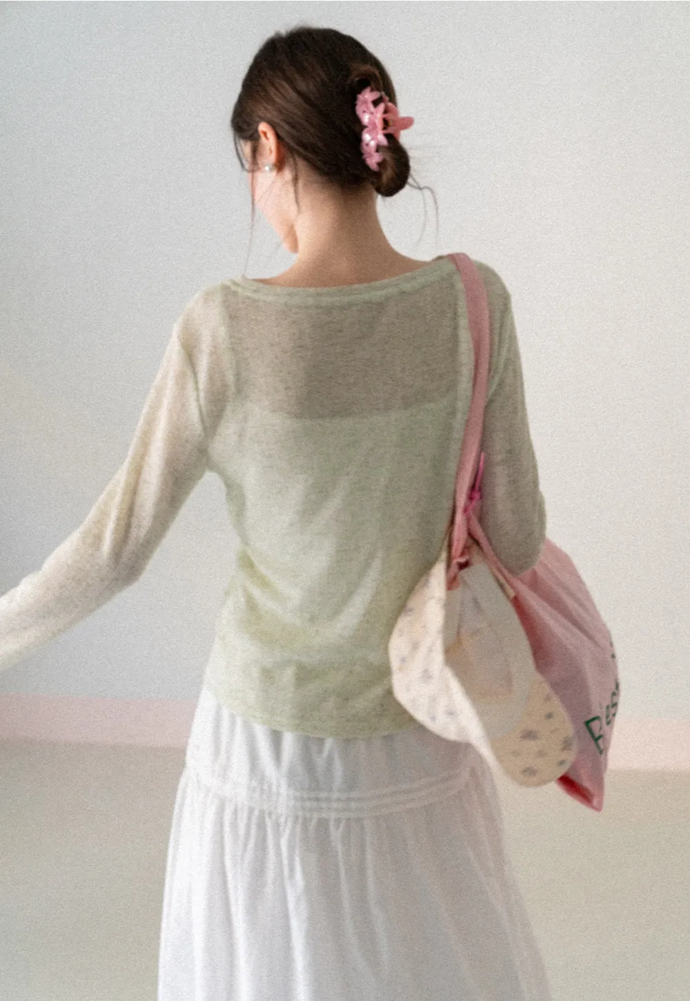 Long sleeve sheer knit top with round neckline