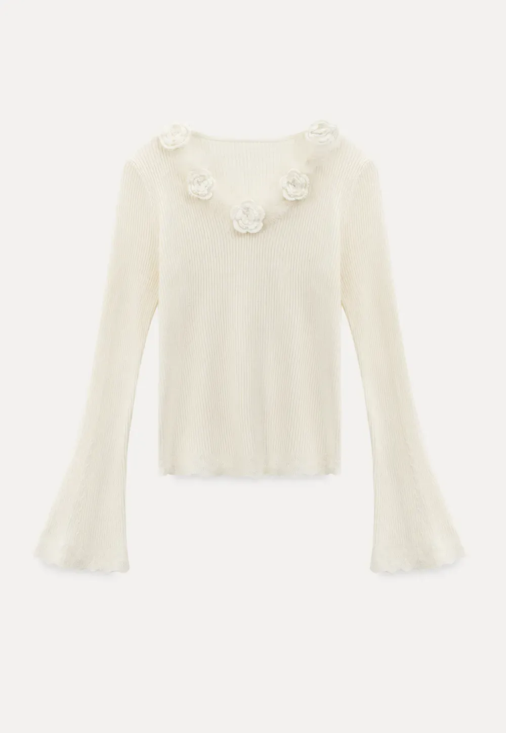 Floral Embellished V Neck Woolen Knit Sweater