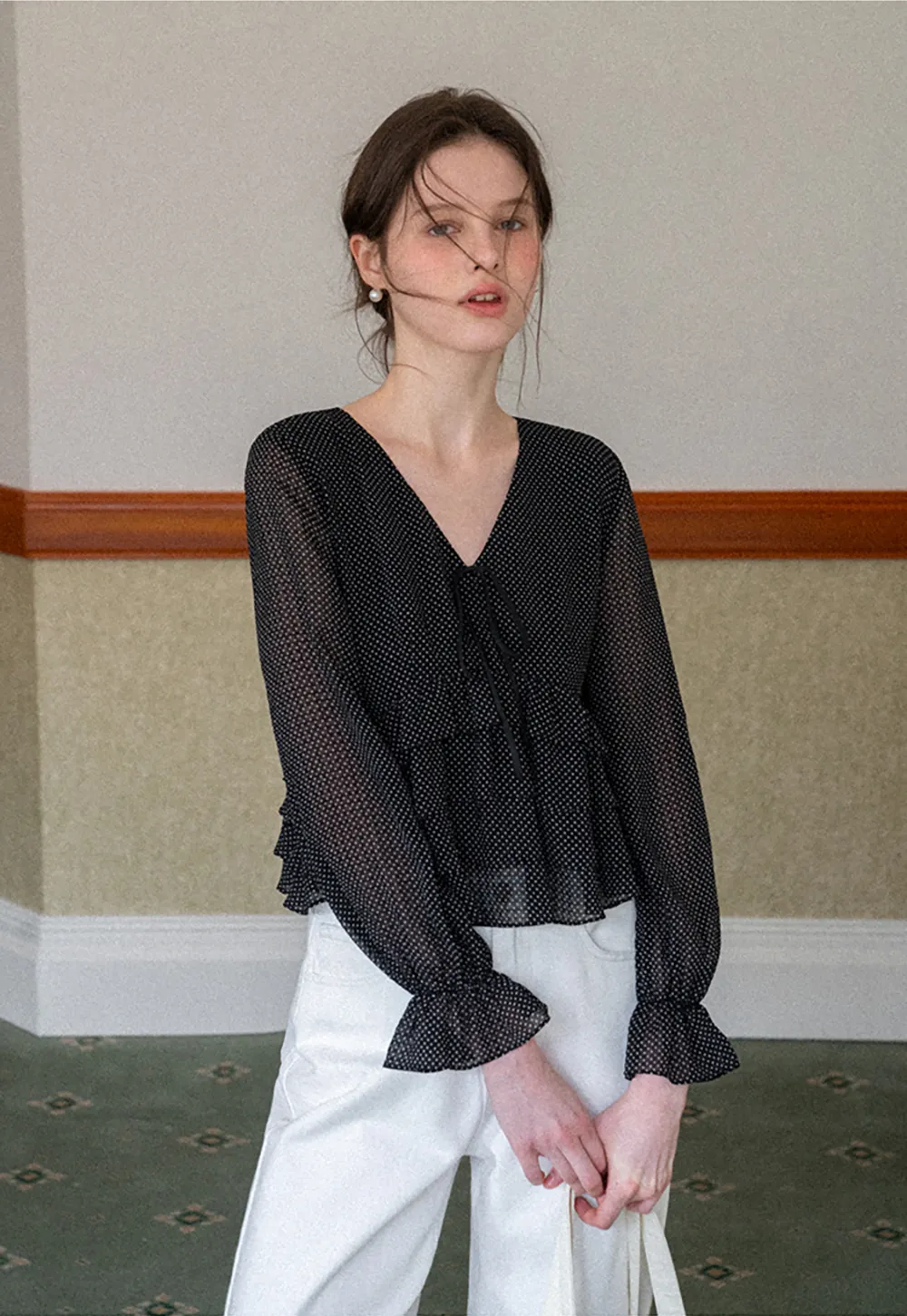 Polka Dot Sheer Blouse with Ruffled Hem and Tie Neck