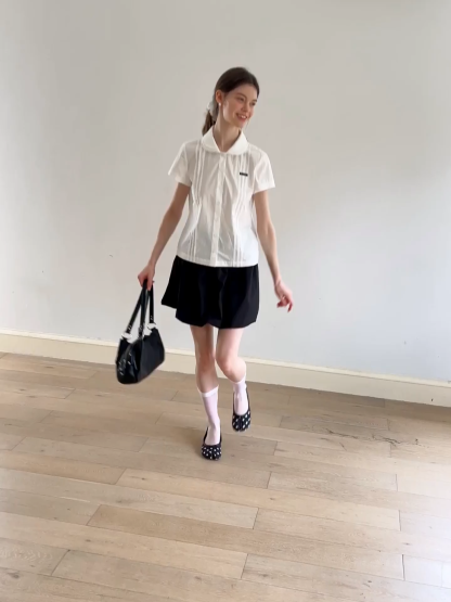 Pleated Collar Short Sleeve Shirt
