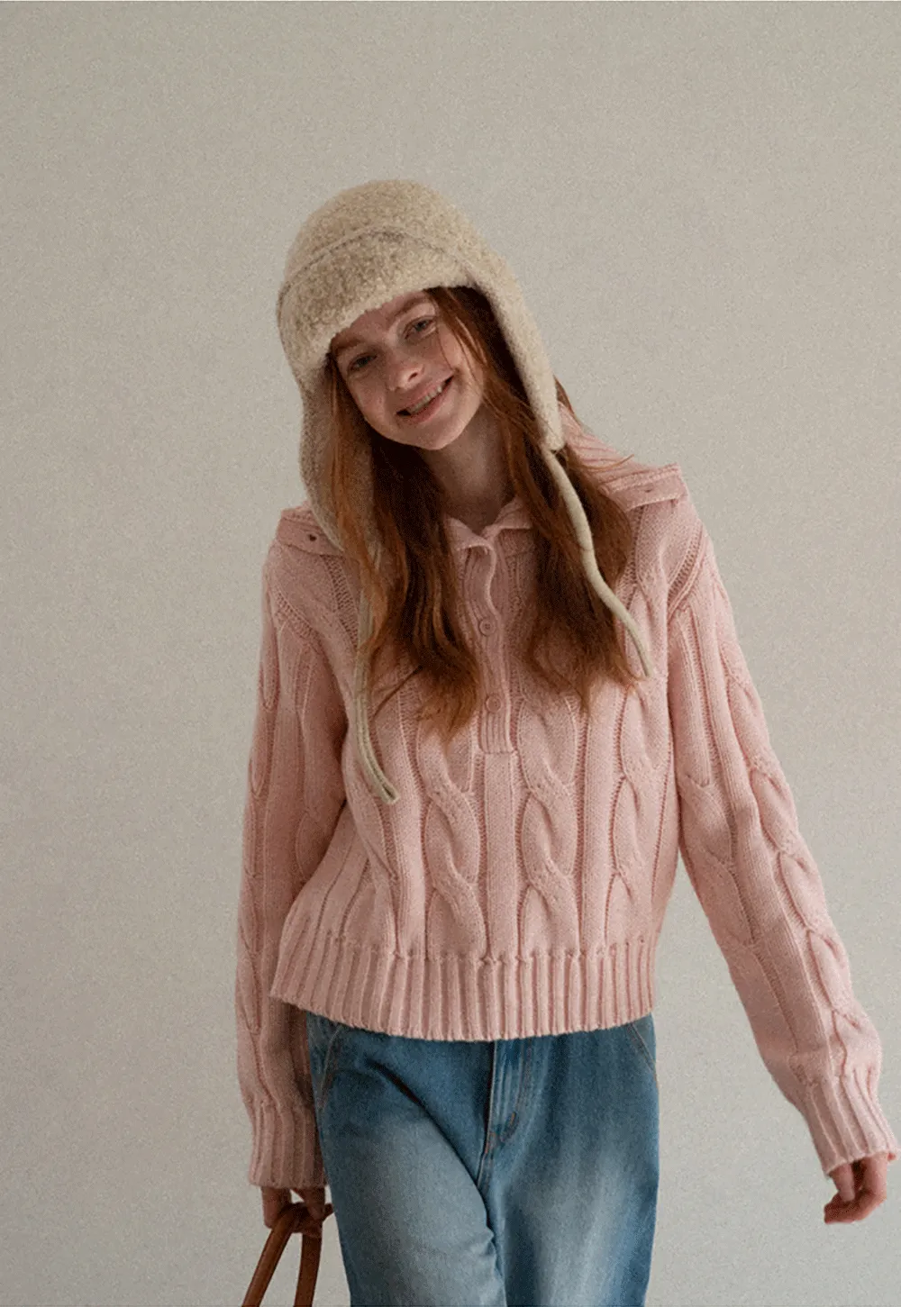 Cable Knit Turtleneck Sweater with Ribbed Sleeves and Hem