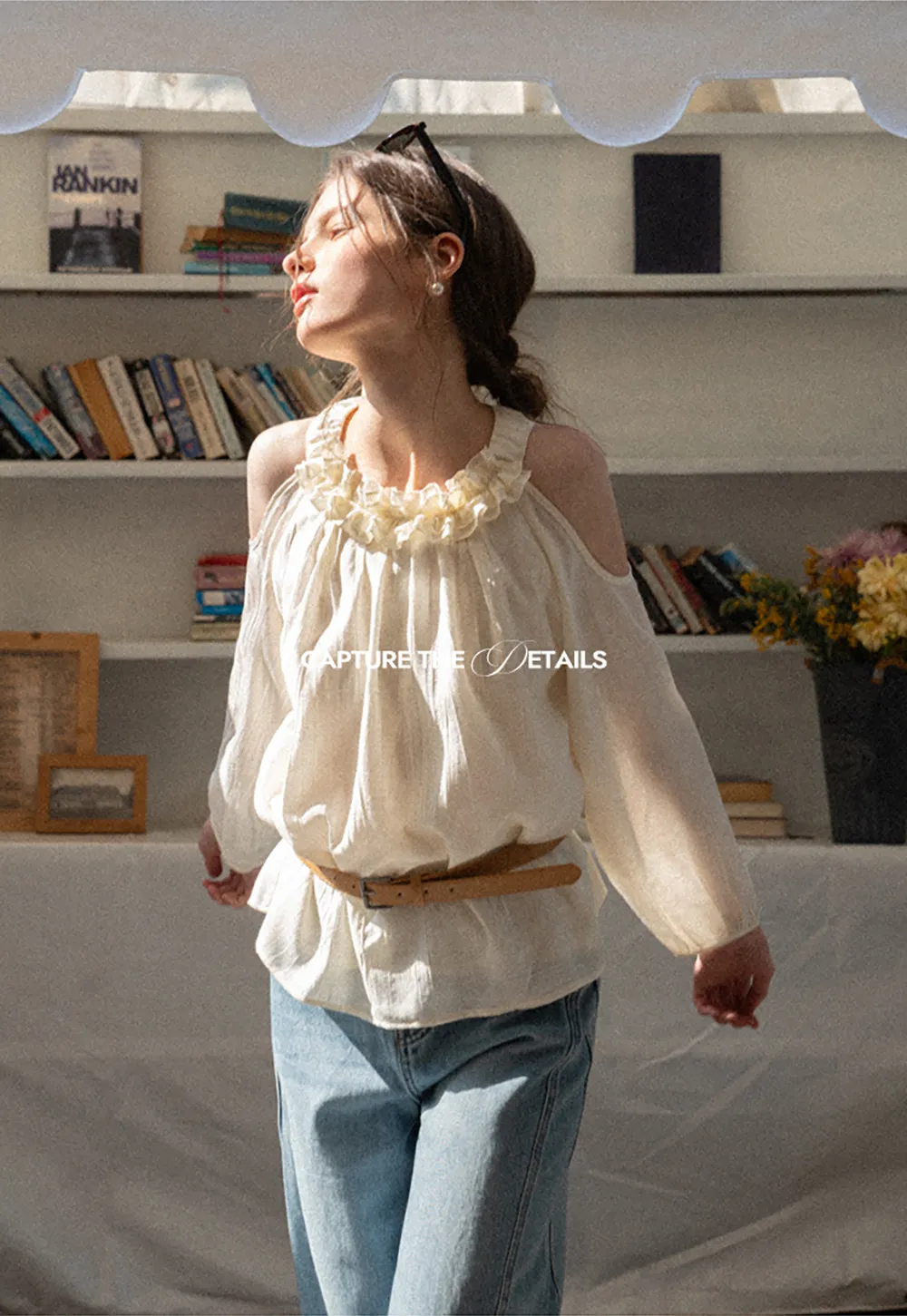Lace Chiffon Blouse with Ruffled Neck and Cold Shoulder