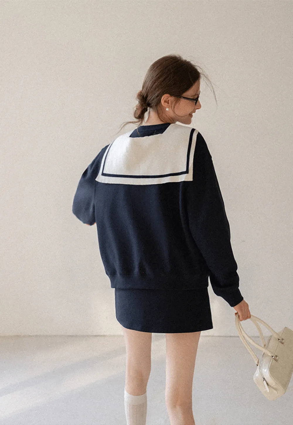Sailor collar sweatshirt scarf shawl skirt set