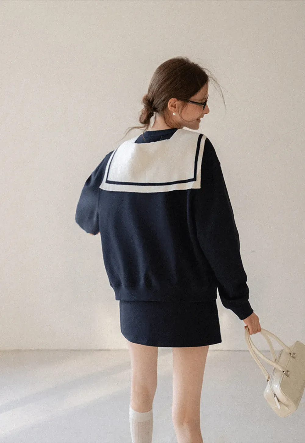 Sailor collar sweatshirt scarf shawl skirt set