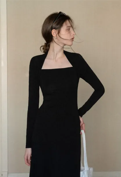 Elegant Square Neck Long Sleeve Dress