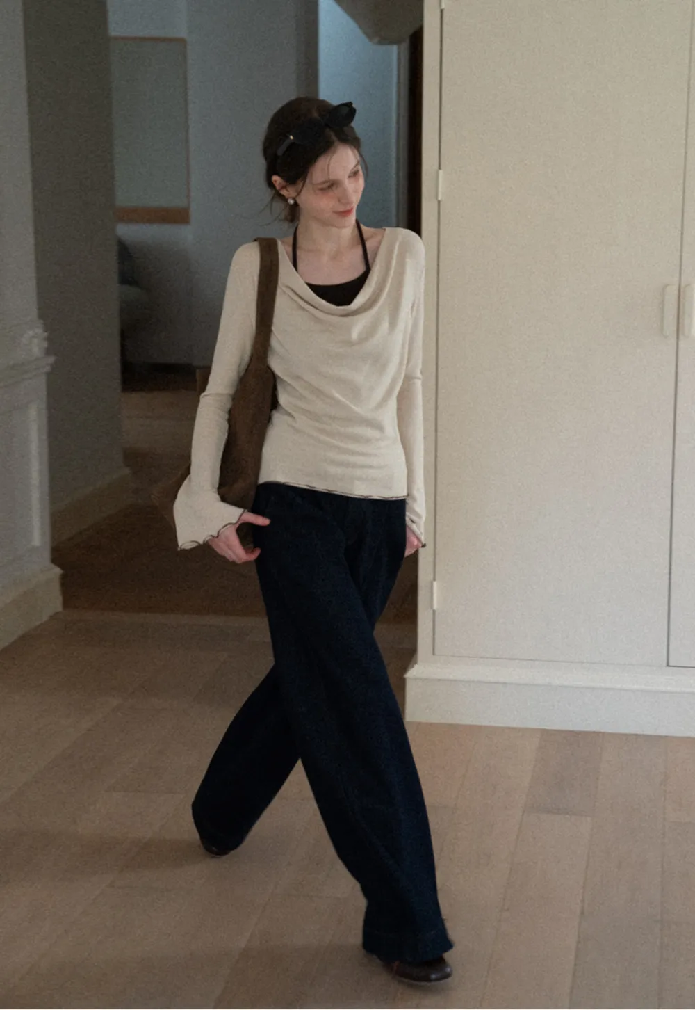 Beige Long-Sleeve Top with Ruffled Hem and Bow Tie Back