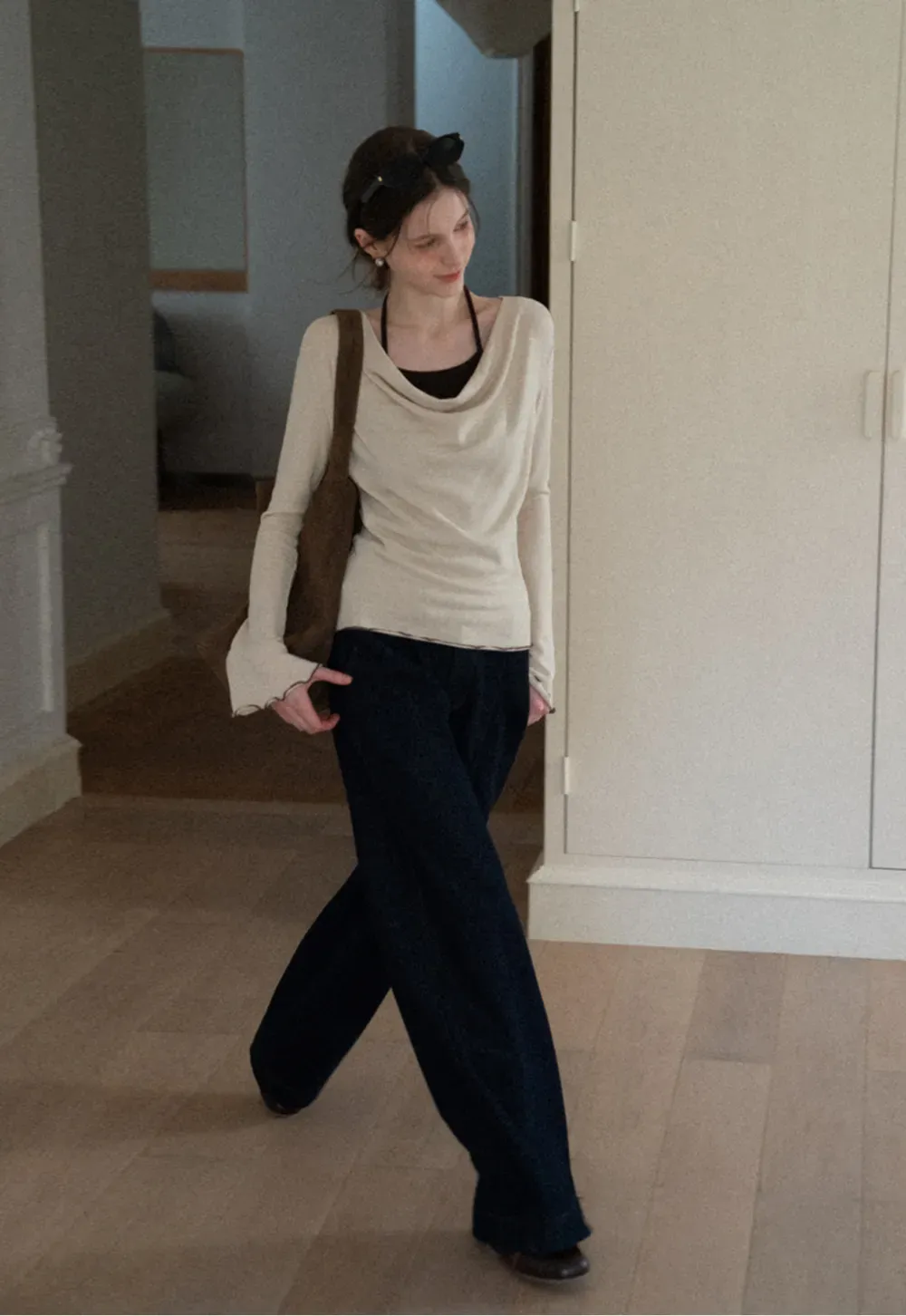 Beige Long-Sleeve Top with Ruffled Hem and Bow Tie Back