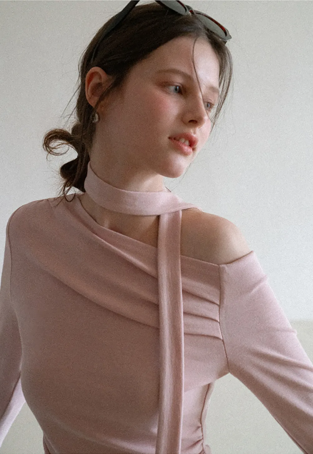 Long sleeve off shoulder top with neck tie detail