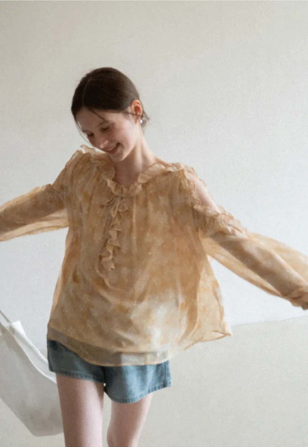 Lace Chiffon Blouse with Ruffled Neck and Sleeves