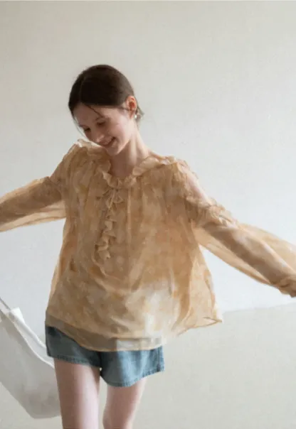 Lace Chiffon Blouse with Ruffled Neck and Sleeves