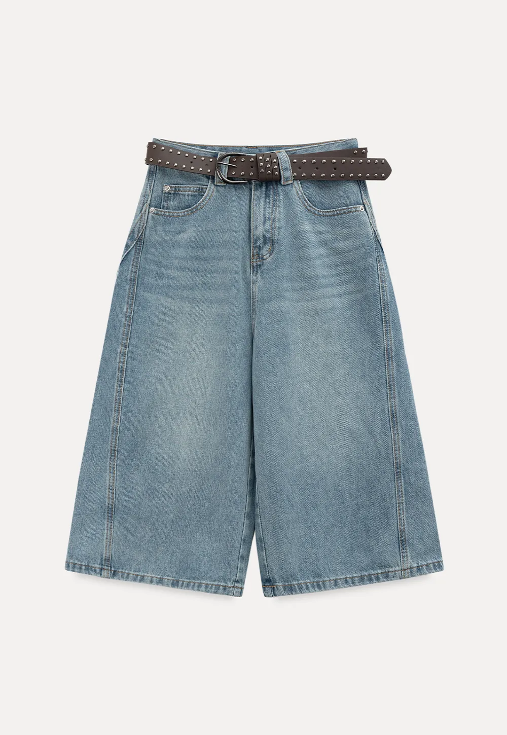 Wide Leg Denim Shorts with Belt and Back Pockets