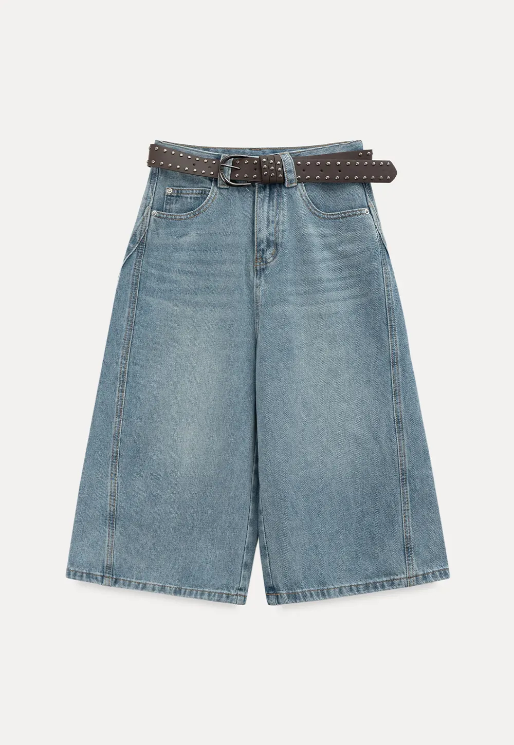 Wide Leg Denim Shorts with Belt and Back Pockets