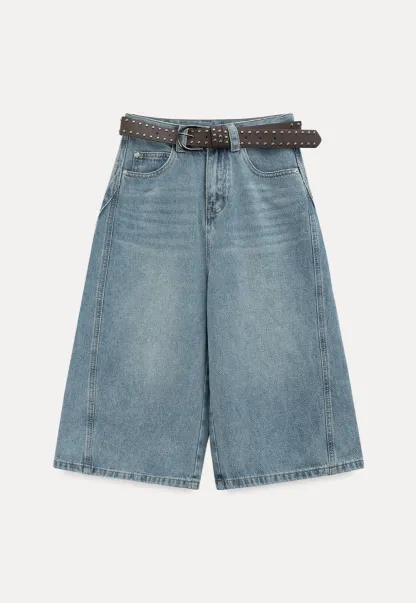 Wide Leg Denim Shorts with Belt and Back Pockets