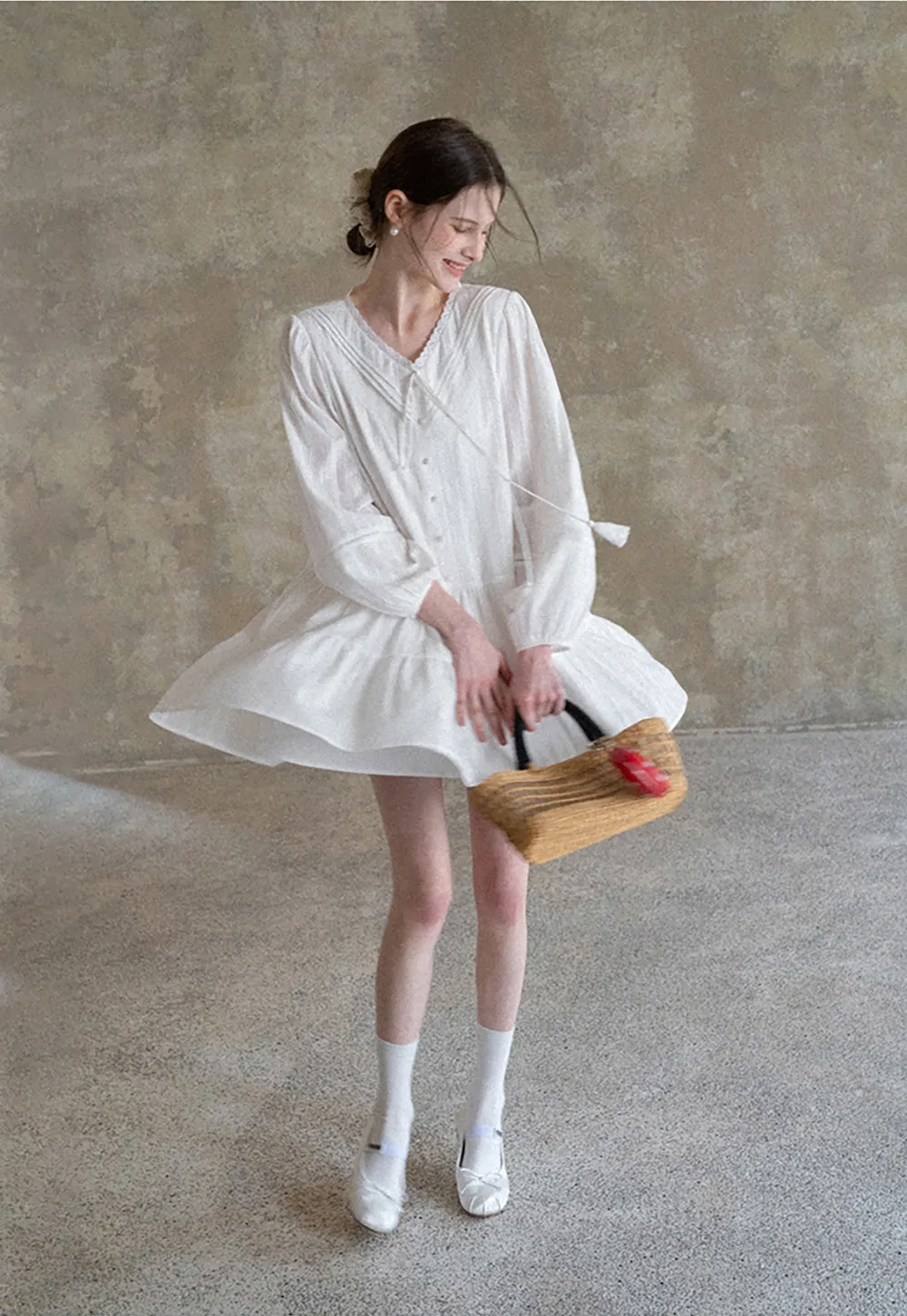 V neck long sleeve tiered dress with lace trim