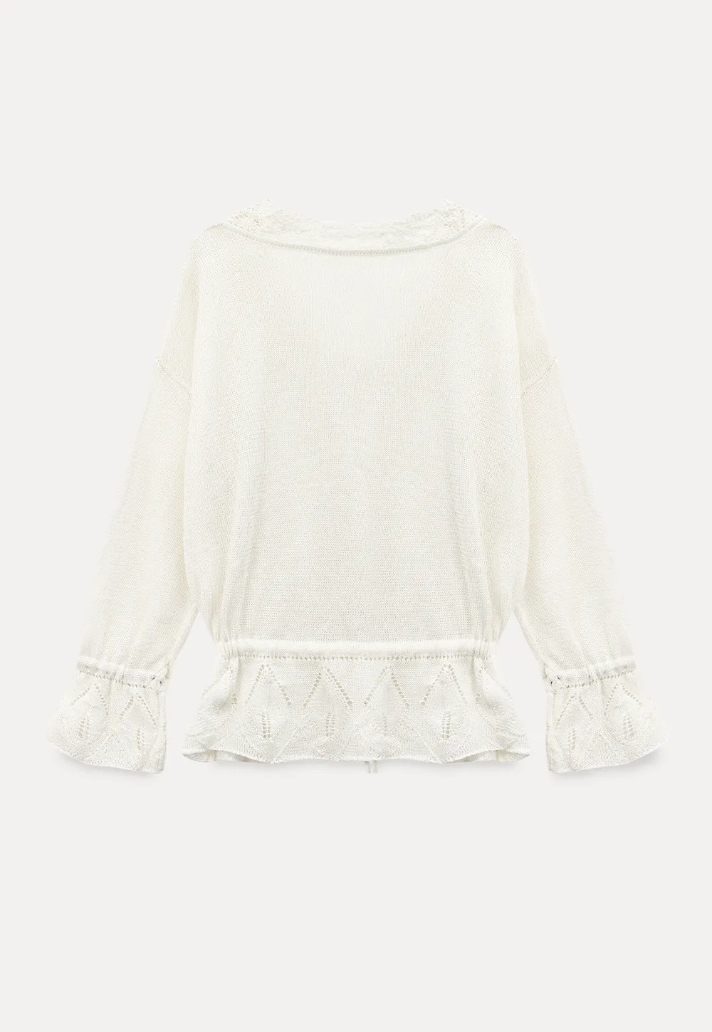 Lace Trimmed V Neck Knit Sweater with Drawstring Hem
