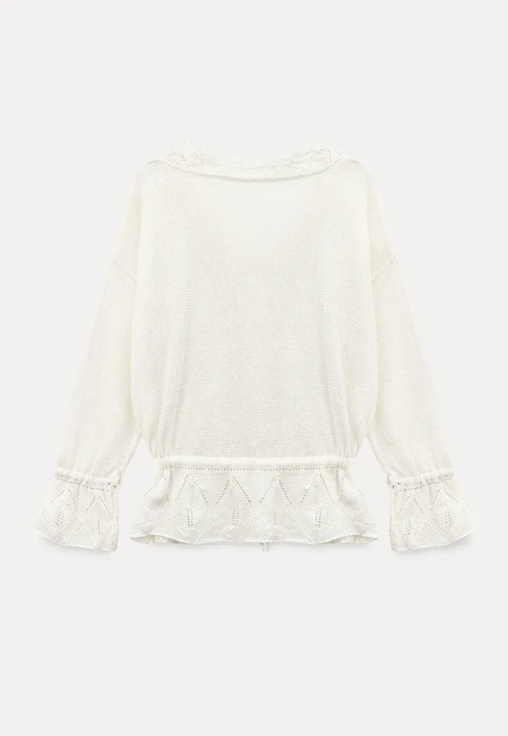 Lace Trimmed V Neck Knit Sweater with Drawstring Hem