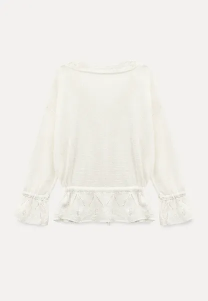 Lace Trimmed V Neck Knit Sweater with Drawstring Hem