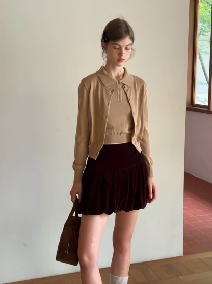 Women Velvet Bubble Hem Mini Skirt High Waist