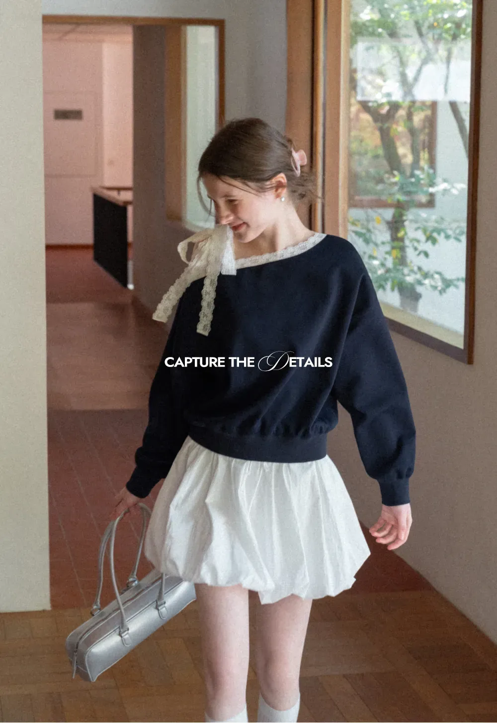 Off shoulder sweatshirt with lace trim detail