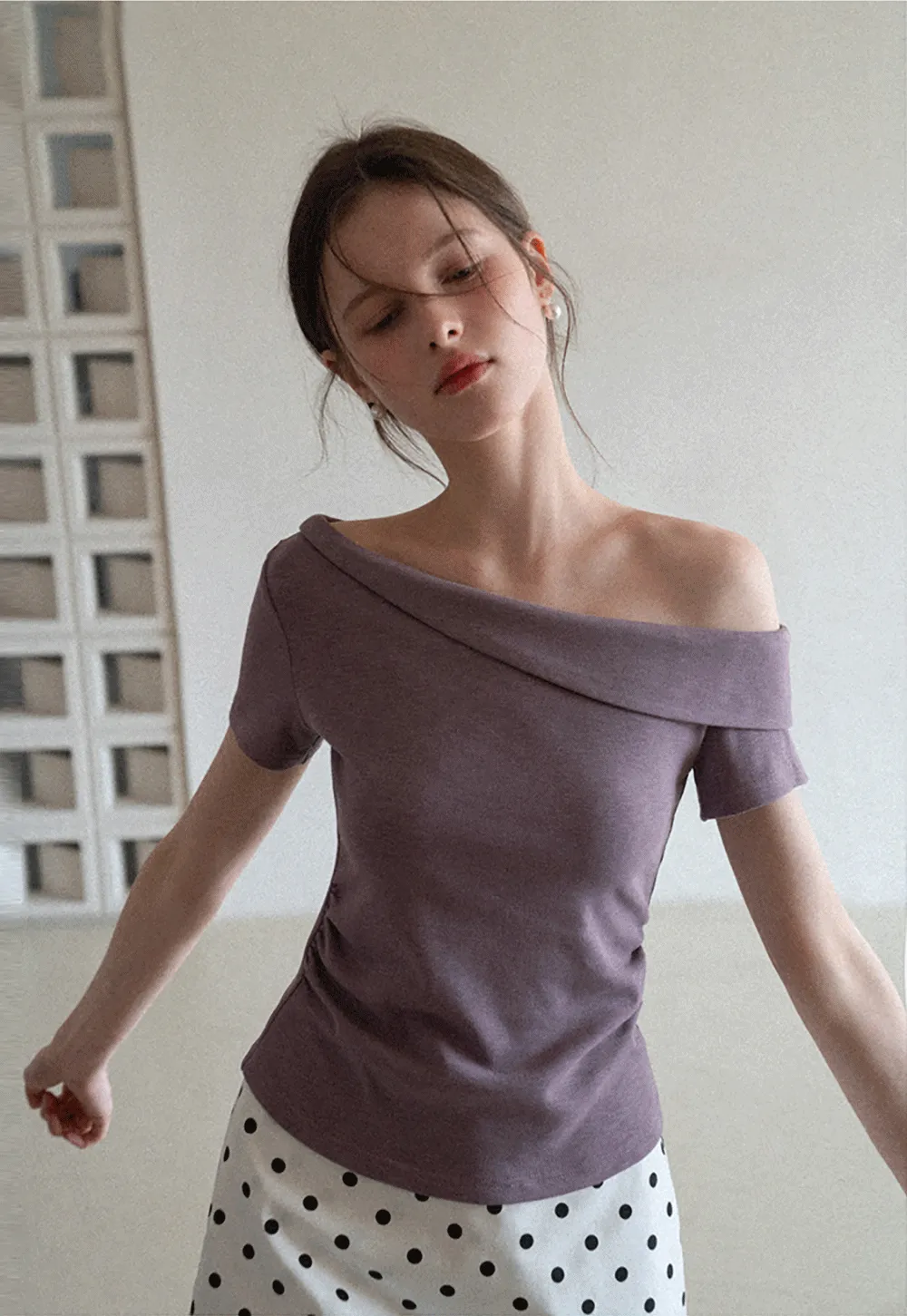 Polka dot off shoulder short sleeve tops