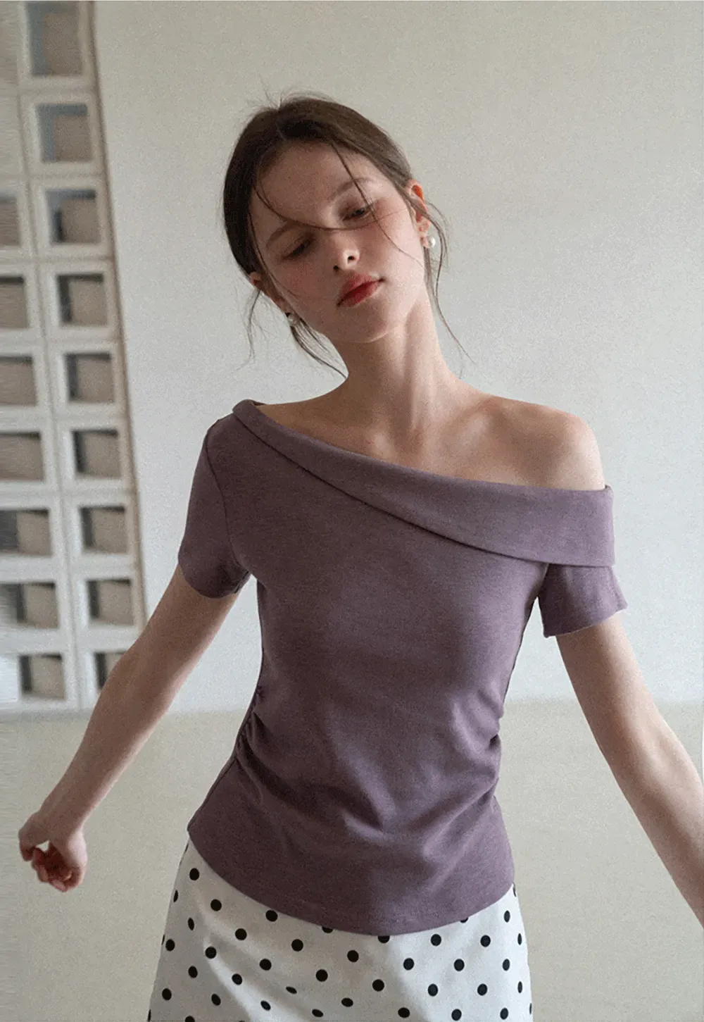 Polka dot off shoulder short sleeve tops