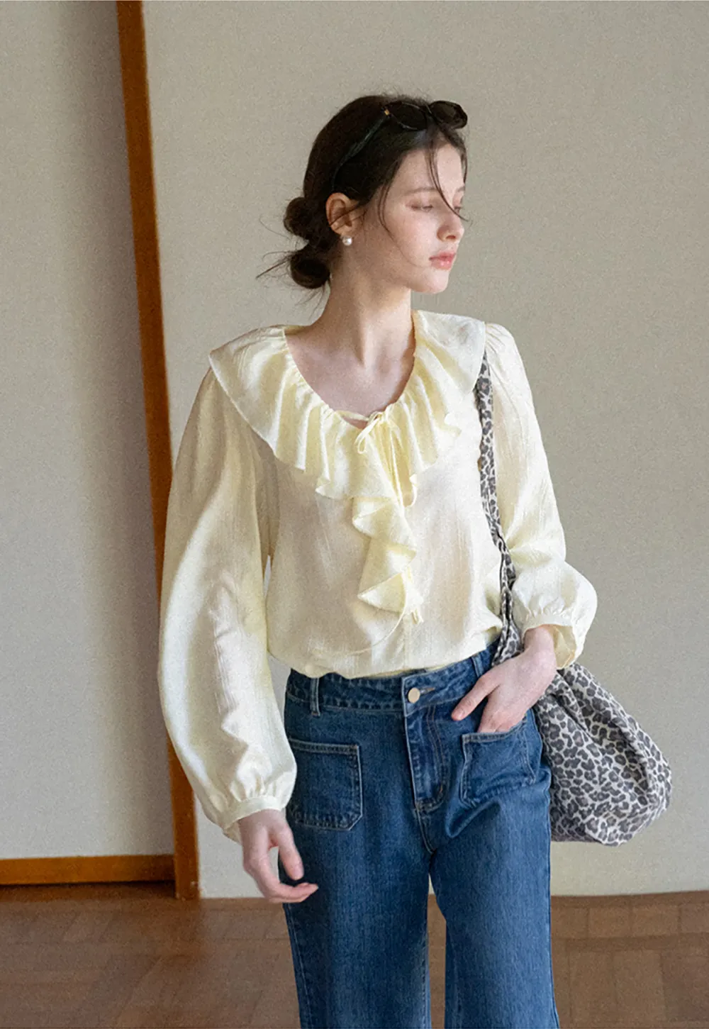 Ruffled Collar Long Sleeve Blouse with Tie Front