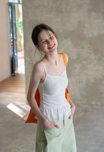 Lace Trimmed Peplum Tank Top with Thin Straps