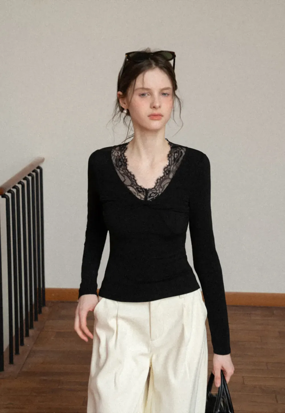 Elegant Black Lace-Trimmed Long Sleeve Top