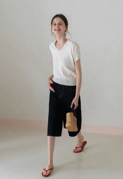 V Neck Short Sleeve Knit Sweater with Collar