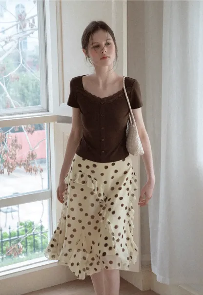 Polka dot ruffled asymmetrical midi skirt