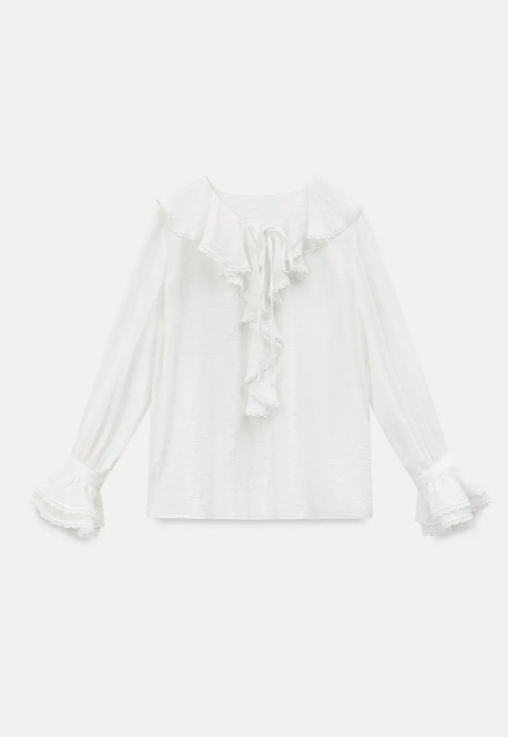 Elegant Blouse with Ruffled Neckline and Flared Sleeves