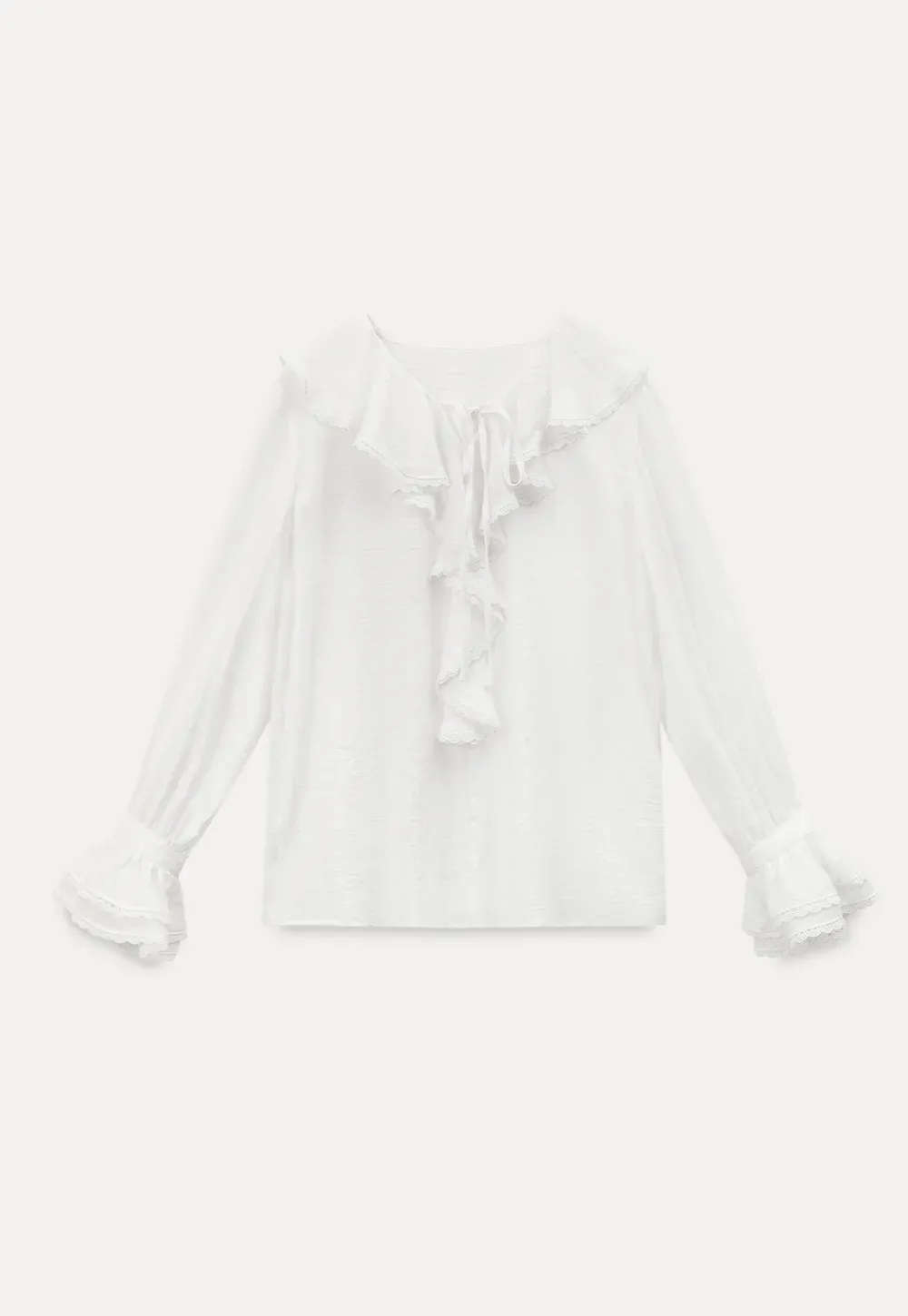 Elegant Blouse with Ruffled Neckline and Flared Sleeves